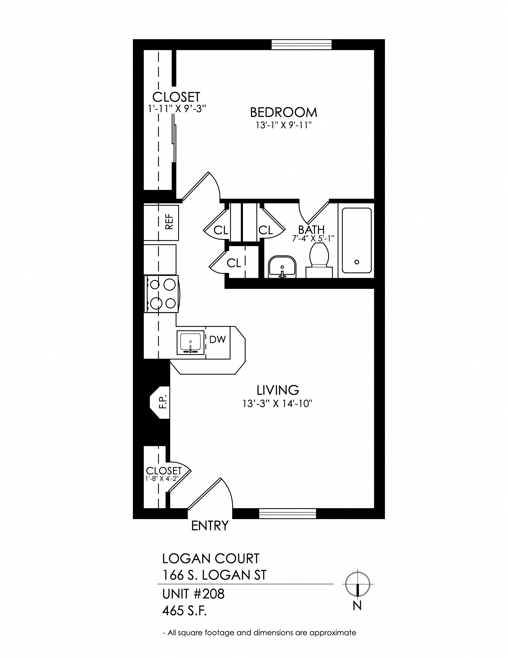 Floor plan for 1 bed, 1 bath, 520 sqft